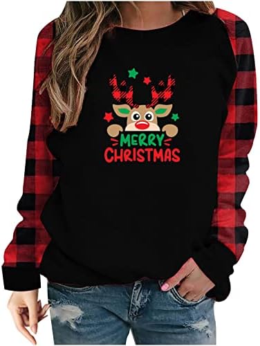 נרברג חולצות לנשים של חג המולד סווטשירט צווארון עגול מצחיק גרפי מודפס באפלו משובץ חולצות חג המולד