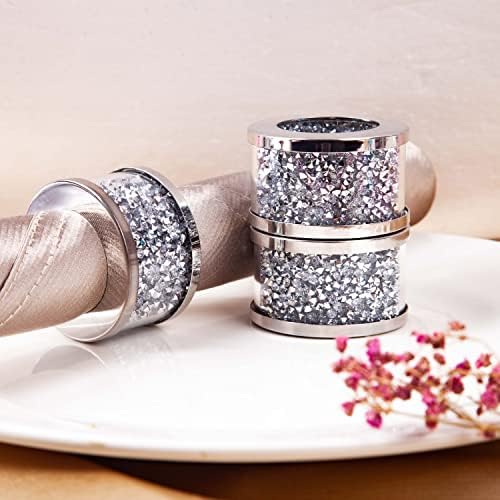 Shyfoy Silver Diamond מפית טבעת זכוכית ממוסגרת, טבעות בד קריסטל סט של 4 חתיכות, גלאם סרוויטה אבזם מחזיק