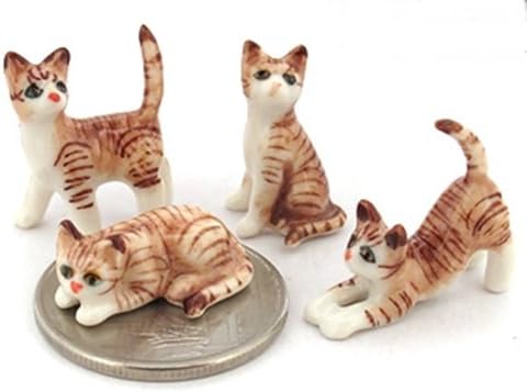 צ'אנגתאי עיצוב זעיר ½ אינץ 'ארוך 4 חלקים טאבי חתול חום כתום פסלונין - מיניאטורה בעבודת יד קרמיקה מצוירת קרמיקה