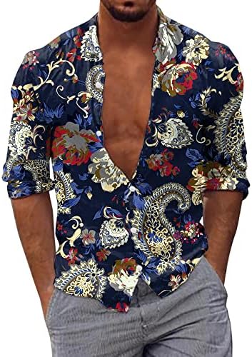 XXBR Mens כפתור למטה חולצות מזדמנים שרוול ארוך שרוול פייזלי בוהו הדפסת חולצה הוואי מעצבת צווארון דש