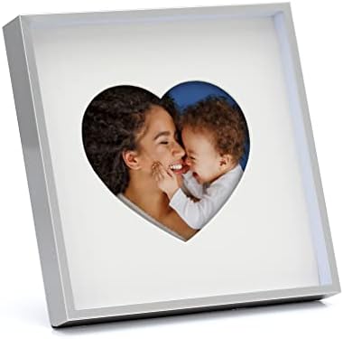 רגעי מימוזה 6x6 מסגרת תמונה של מתכת כסף מינימליסטית עם מחצלת לצילום בצורת לב, מסגרת Shadowbox