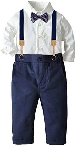 סנגטרי תינוק בני שמלת בגדי סט, כפתור למטה חולצה + מכנסיים סט עם נשלף עניבת פרפר וכתפיות