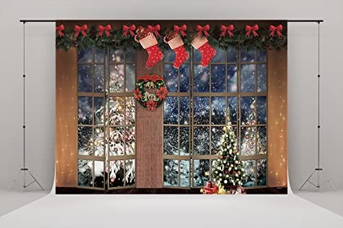 20x10ft חג המולד כפרי חלון עץ רקע חג המולד אגדות חג המולד עץ חג המולד סצנת שלג גרביים תפאורה עיצוב