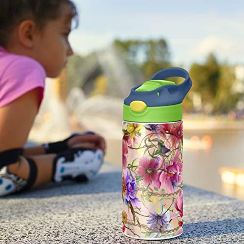 גודולד צבעי מים פרחים צבעוניים בקבוק מים לילדים, בקבוקי מים מפלדת אל חלד מבודדים עם מכסה קש, 12 גרם