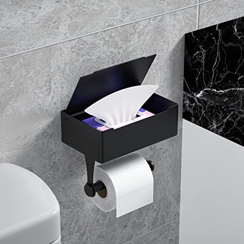 מחזיק נייר טואלט דבק VAEHOLED עם אחסון, קיר הר השחור מתקן מגבונים, מדף לחדר רחצה לחדר אמבטיה - הסתר
