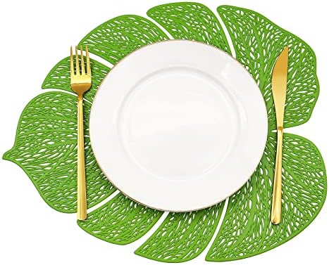 ירוק עלה מפיות סט של 12 ויניל מקום מחצלות עלים טרופיים מחצלות שולחן הגדרת מטבח שולחן מחצלות