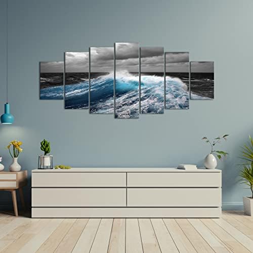 7 חתיכה אוקיינוס גלי קיר אמנות שחור ולבן כחול נוף ימי ציורי הדפסי בד ים חוף תמונות לסלון בית משרד