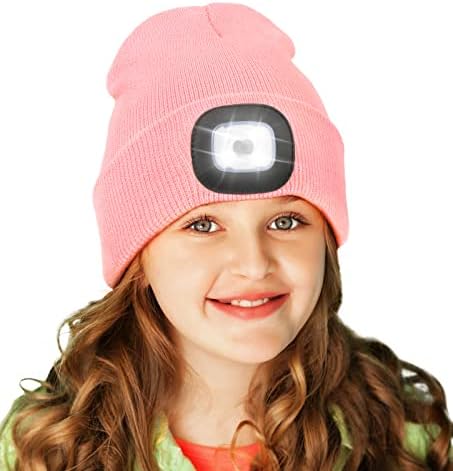 כובע כפה עם אור לילדים, USB נטען ידיים נטענות בחינם כובע פנס פנס חורף לילה סרוג פנס כובע מואר