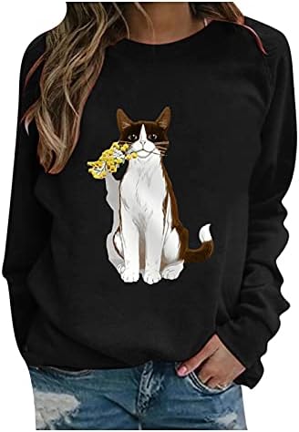 Balakie Womens צוואר צווארון סוודר שרוול ארוך חיות דפיס חתול חולצה סוודר חמוד חולצה עליונה