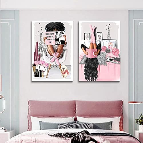 ממוסגר אפריקאי אמריקאי קיר אמנות שחור ילדה ורוד לבן קיר תפאורה אופנה נשים בפריז אייפל מגדל בד ציורי