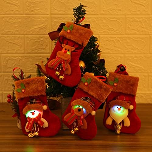 קישוט לחג המולד של קנגקי, גרבי חג המולד מובנות אור LED עם פעמון אבזרים חגיגיים בד חג המולד עץ גרב