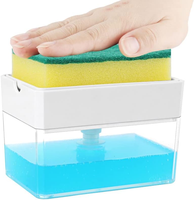 מתקן לסבון - מתקן לסבון כלים באיכות פרימיום למטבח-מחזיק ספוג כיור מתקן לסבון לשטיפת כלים 13 אונקיות לבן