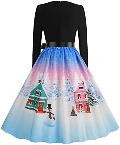 בציר שמלה לנשים ארוך שרוול חג המולד מצחיק גל צוואר קוקטייל המפלגה שמלה חמוד גרפי קו נדנדה שמלות