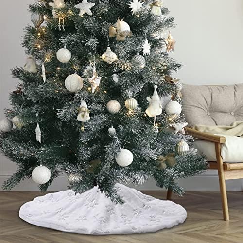 חצאית עץ חג המולד של חג המולד - 35 אינץ 'של מושלג לבן שלג פרווה פרווה חצאית עץ חג המולד עם דפוס מושלג כסף לקישוטים