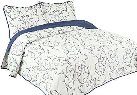 קישוט מרינה רקום תפר מיטה מיטה מיטה אולטרה מוצק רך 3 חלק שמיכת קיץ עם 2 שמלות מרופדות, סניף כחול נייבי צבע גודל