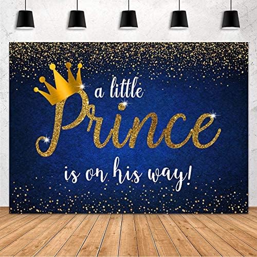 מוהופונד נסיך ילד תינוק מקלחת קישוט רקע זהב כתר גליטר כוכב נסיך קטן הוא בדרכו כחול צילום רקע באנר של עוגת