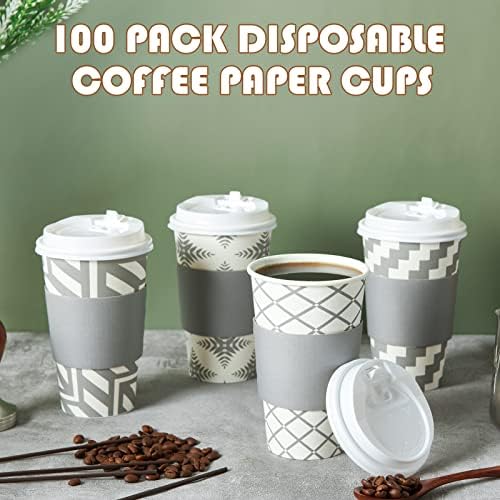 ליטופק 100 מארז כוסות קפה מנייר 16 אונקיות, כוסות קפה חד פעמיות עם מכסה, שרוול וקשיות, ארבעה עיצובים