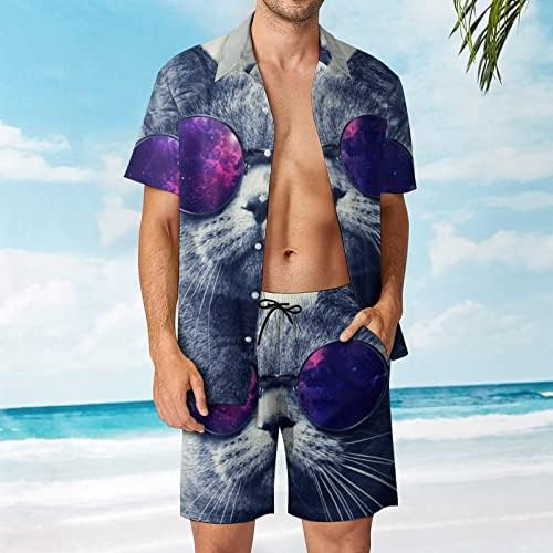 גברים חתולים מגניבים 2 חלקים הוואי הגדר מכפתור חולצות שרוול קצר מכנסי חוף מכנסי חוף