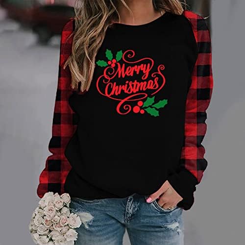 נשים של חג המולד סוודר חדש שנה 2023 מצחיק חמוד צווארון עגול חולצות באפלו משובץ סוודר חולצות מקרית חג טי