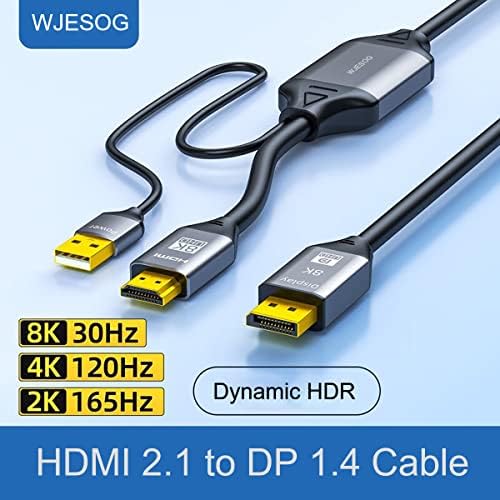 WJESOG HDMI ל- DisplayPort 8K כבל 6ft עם כוח USB, HDMI 2.1 זכר ל- DP 1.4 תמיכה בממיר גברים 8K@30Hz/4K@120Hz/2K/144Hz