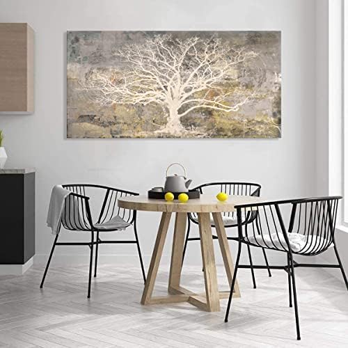 מופשט עץ של חיים בד קיר אמנות אפור לבן בז ' ציורי מודרני מופשט יער כפרי תמונות יצירות אמנות לסלון
