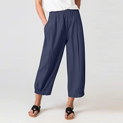 מכנסי פשתן של Grge Beuu לנשים בצבע אחיד תפור מותניים אלסטיים ישר מכנסיים קצוצים במותניים קצוצים