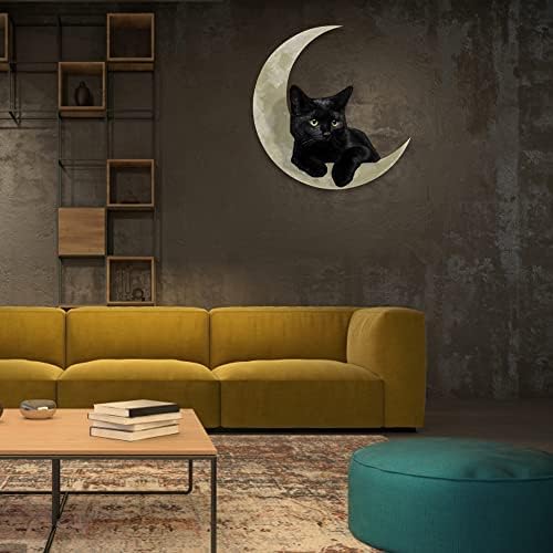עיצוב קיר מתכתית חתול שחור וירח עיצוב אמנות, שלט מתכת חתול שחור קיר ירח קיר תלוי חתול שחור על קישוט ירח לבן