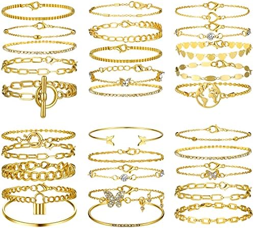 30 יחידות זהב שרשרת צמיד סטים לנשים בנות זהב מצופה מעדן קישור מהדק קאף גלישת צמיד מתכוונן שכבות מתכת קישור