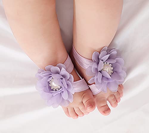 סינאצ ' י 8 זוגות שיפון ריינסטון פרח יחף סנדלי עם סרטי ראש אביזרי עבור תינוק בנות תינוקות תינוקות פעוטות ילדים