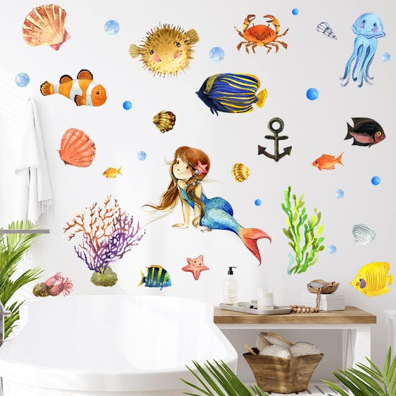קיר מדבקות בת ים ימי העולם אקווריום מעטפת דגי מדוזה ילדים משתלת תינוק חדר ילדים חדר בנות בית תפאורה קיר