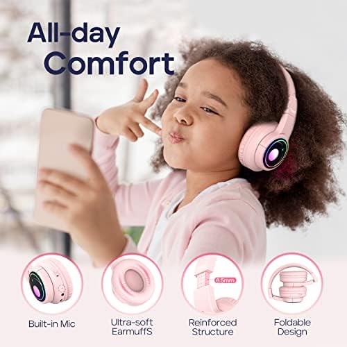 Tribit Kids Bluetooth אוזניות עם אורות RGB, Starlet02 Safe Sound Tech+ 85DBA Volume Limit