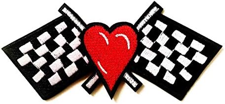 אדום לב משובץ דגל שחור לבן מסלול מירוץ מירוץ אופנוען ז'קט אופנוע אפוד תפור על ברזל על תיקון אפליקציה