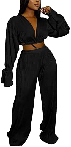 Ekaliy נשים 2 חלקים קפלים קפלים תלבושות קפלים כפתור שרוול קצר מטה חולצה גבוהה מותניים רחבים מכנסי