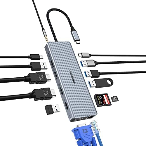 תחנת עגינה USB C רכזת צג כפול, 14 בתצוגה משולשת 1 USB C רכזת ADAPTE עם 2 HDMI 4K+VGA+10GB USB 3.1+