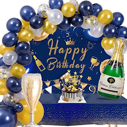 Movinpe נייבי כחול זהב קישוטי מסיבת יום הולדת, צילום יום הולדת תפאורה באנר מסיבת מפת שולחן קונפטי בלונים קשת טופר