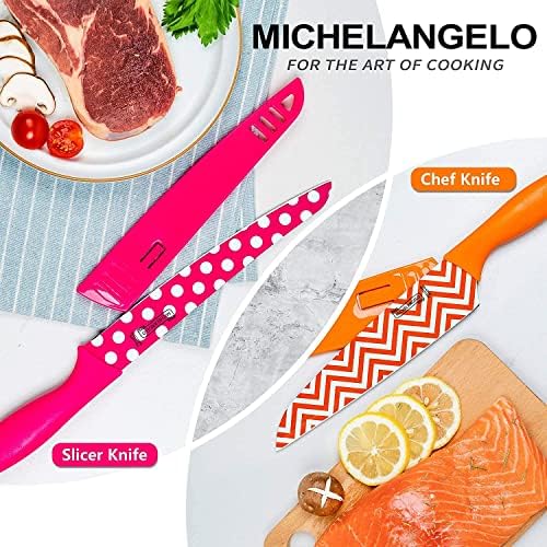 סט סכינים של מיכלאנג'לו, סכין מטבח 10 חלקים עם ציפוי צבעוני ללא סטיק, סט סכין מטבח נירוסטה חד, סכינים