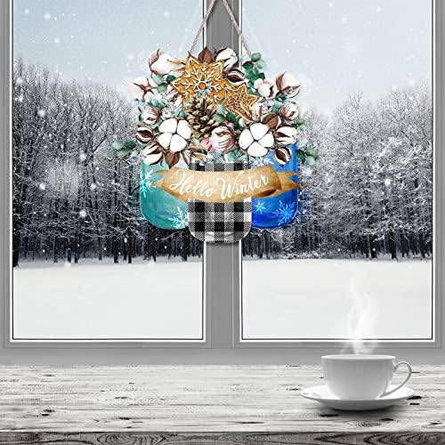 שלום שלט חורף שלום חורף מייסון צנצנת שלט דלת עץ שלט בית עץ שלט בברכה עם פתית שלג לחוות המרפסת לחג המולד