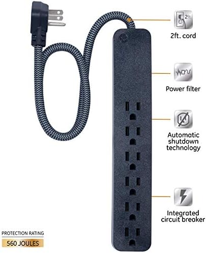 GE Ultrapro 6-Outlet Surge Protector, כבל הארכה קלוע 2 FT מעצב, שחור, 45266 & ge pro Mini Mini 3-Outlet
