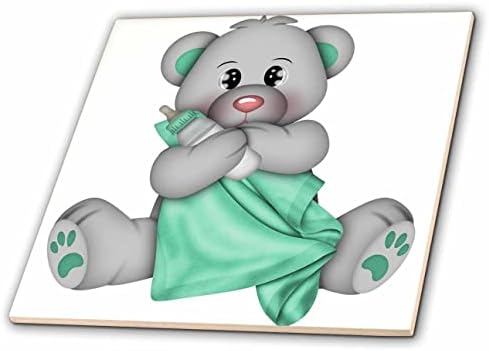 3רוז דוב תינוק חמוד עם שמיכה ירוקה ואיור בקבוק-אריחים