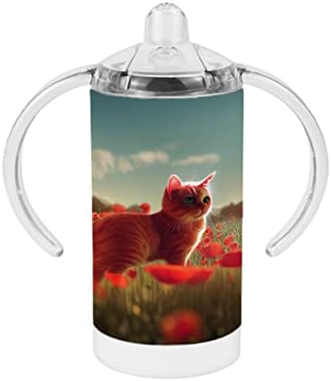 כוס עם קש חתול קאוואי-כוס עם קש תינוק בהדפס פרחוני פרג-כוס עם קש מודפסת