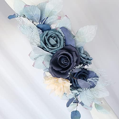 Rncoze 2 חבילה פרחי קשת חתונה, פרחי ורד כחול מלאכותי מתווכחים עם עלי אקליפטוס, פו שחור פרחוני