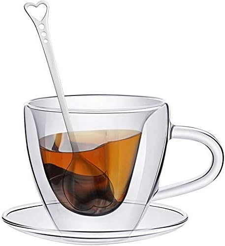 צורת לב כפולה כפול קפה קפה מבודד ספל תה צלול כוס 180 מל, 6 גרם כוס קפוצ'ינו עם צלוחית וכפות קפה בצורת