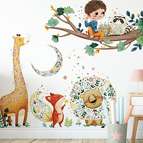 מדבקות קיר של משתלת DEKOSH עם ג'ירפה, דוב וענפי עץ צבעוניים לחדר ילדים, משתלות וחדר משחקים