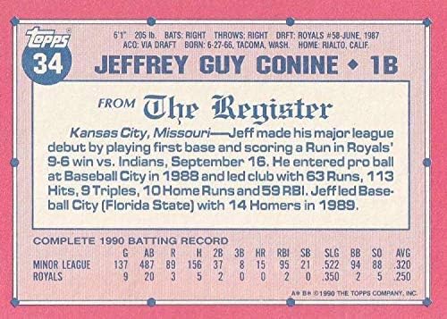 1991 Topps 1990 הופעת בכורה 34 ג'ף קונין קנזס סיטי רויאלס MLB כרטיס בייסבול NM-MT