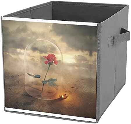 פחי אחסון מתקפלים של פרח זכוכית קופסאות קופסאות קוביית בד הדפסה עם ידיות לצעצועי בגדים, 11x11x11