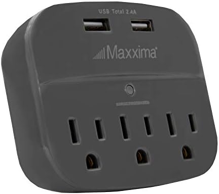 Maxima 3 Outlet כפול USB תקע מתאם מקורקע, רצועת חשמל מרחיבת תקע רב -תקע, מפגן 2.4A יציאה 490 מגן מתח ג'ול,