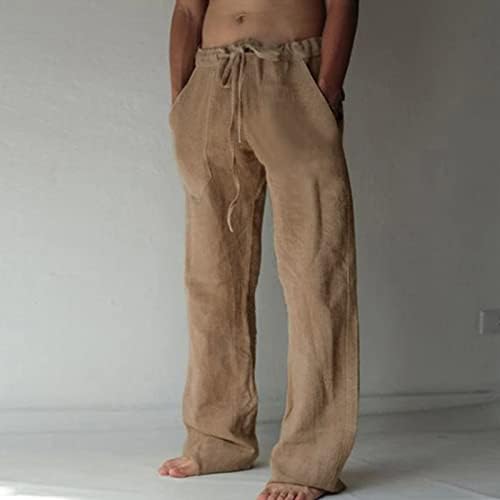 מכנסי פשתן Ghdhue גברים, מכנסי יוגה כותנה לגברים מכנסיים מתאימים רופפים מכנסיים פתוחים תחתונים קלים מכנסי טרקלין
