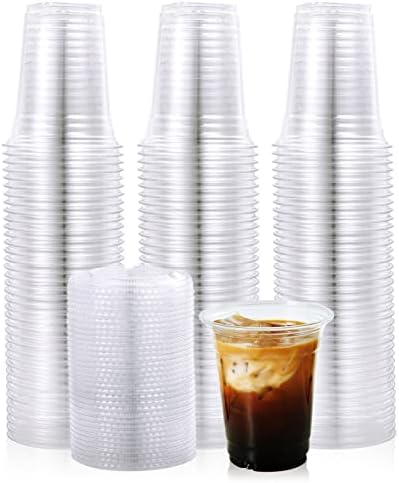 חבילת 200 כוסות פלסטיק שקופות 12 אונקיות עם מכסים שטוחים, כוסות שקופות לחיות מחמד, כוסות פלסטיק