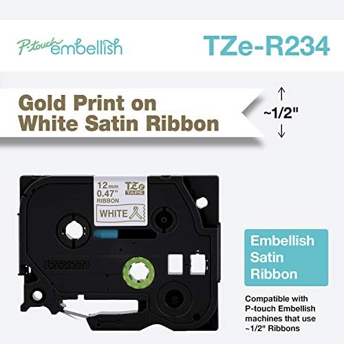 אח P-Touch הדפס זהב מקשט על סרט סאטן לבן TZER234-~ ½ ”רוחב X ~ 13.1 'לשימוש עם P-TOWE COLLELISH