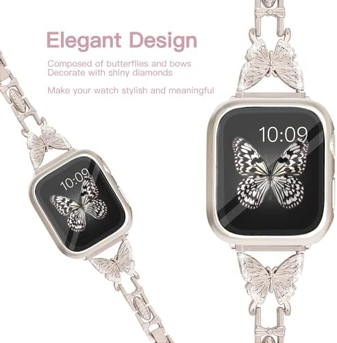 Wipalor תואם לפס שעון Apple 40 ממ+מארז אור, קל משקל לנשים, צמיד מתכוונן קל, יהלום מבריק על פרפר, רצועת